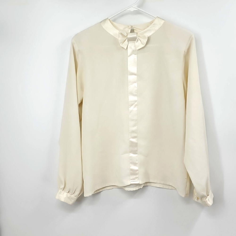 Oscar de la Renta Cream Satin-Trim Bow Blouse